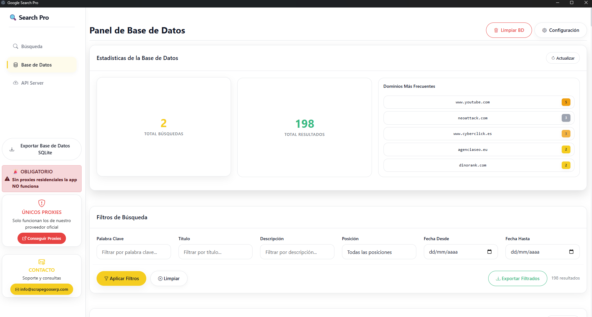 Panel de estadísticas de base de datos